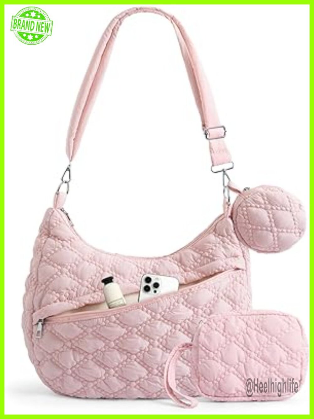 Quilted Puffer Tote Bag with Adjustable Strap - Nylon Crossbody Hobo Purse